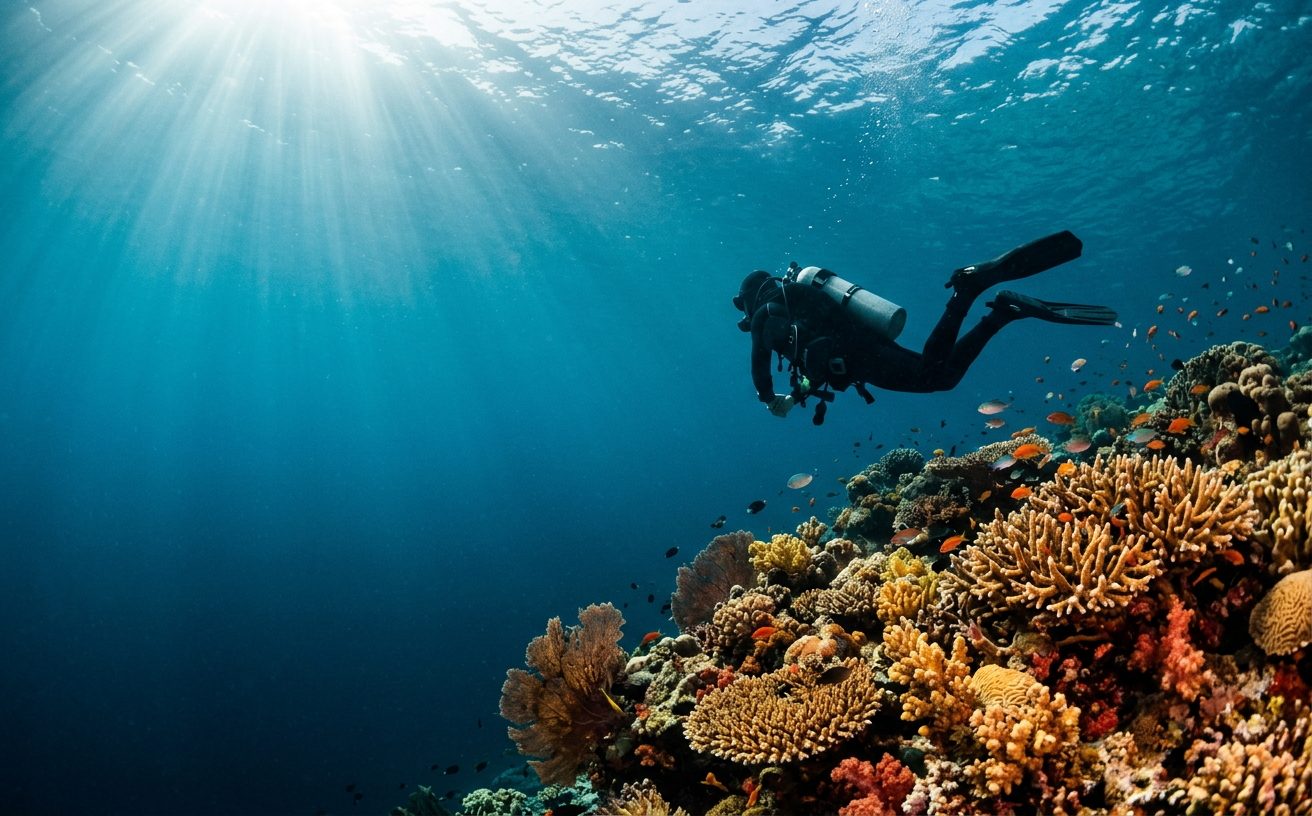 A diver exploring a coral reef in clear blue water